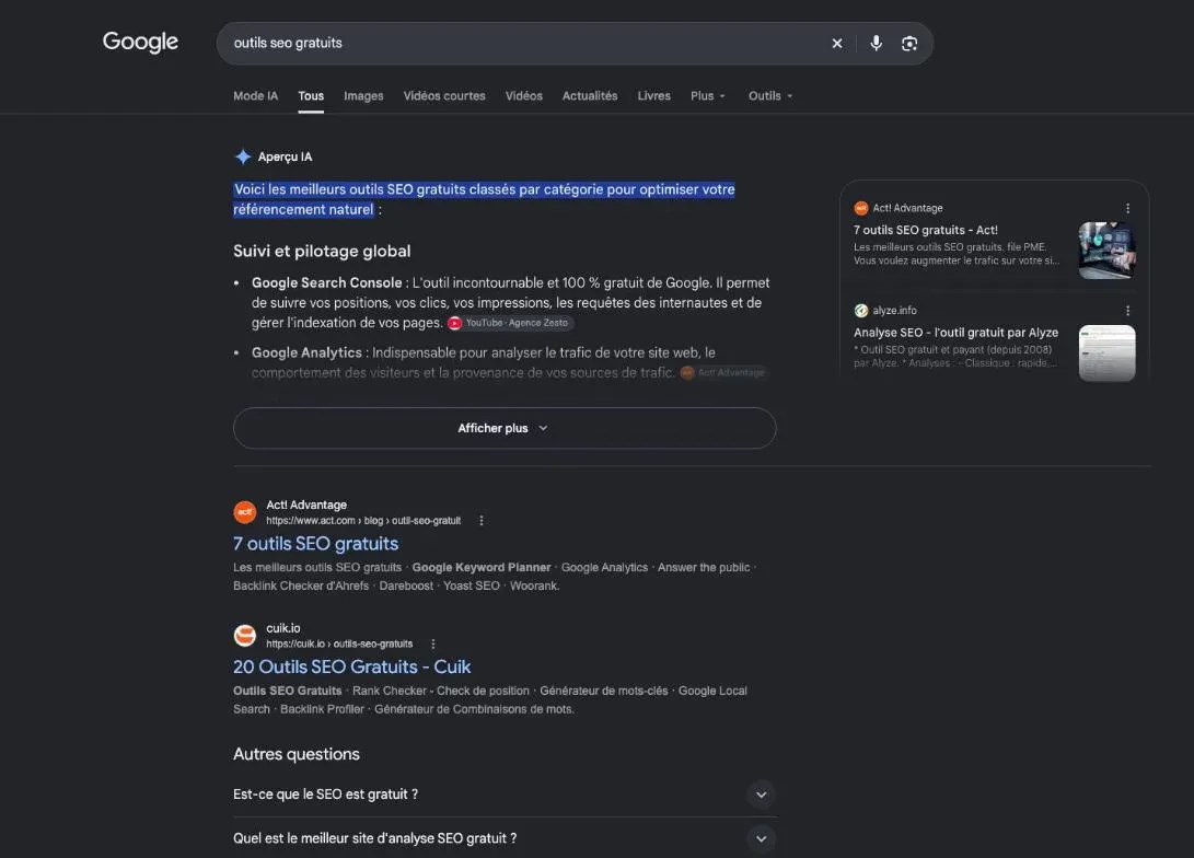 Résultats de Google pour la recherche « outils seo gratuits »