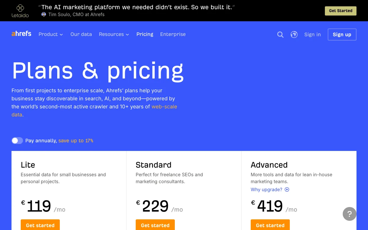 Ahrefs pricing page with its Starter and Lite plans