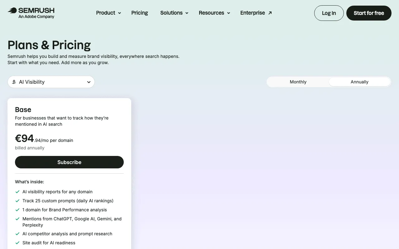 Pricing page of the Semrush AI Visibility toolkit, an add-on sold separately