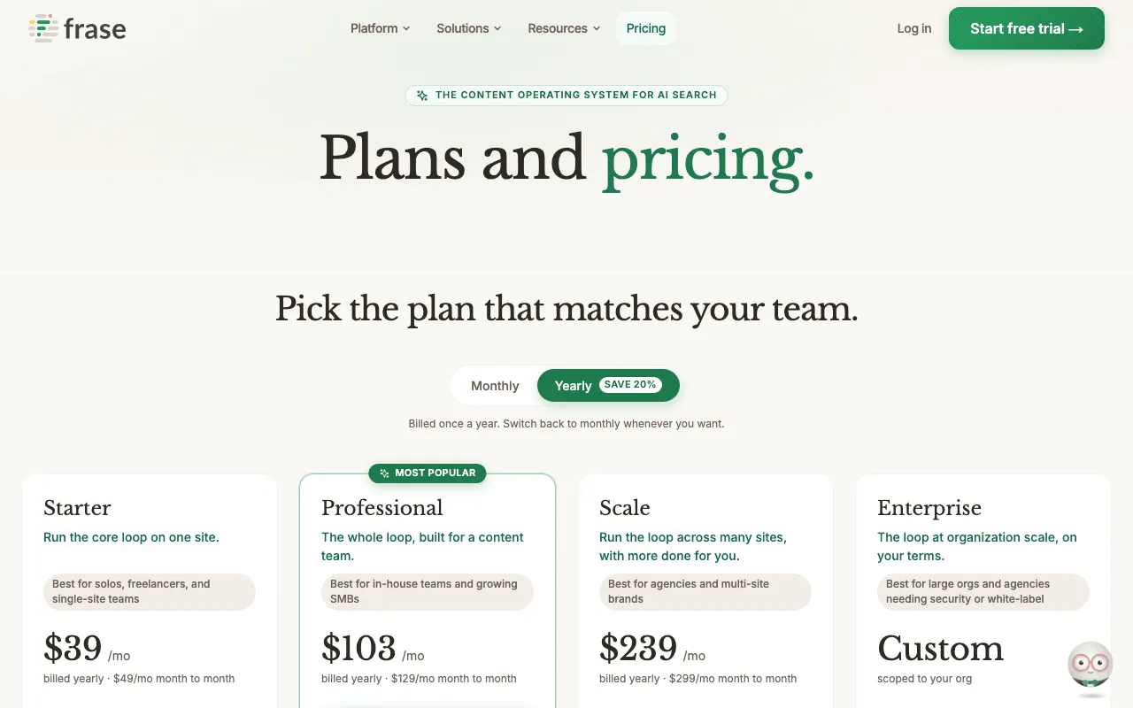 Frase pricing page presenting its writing agent and its plans