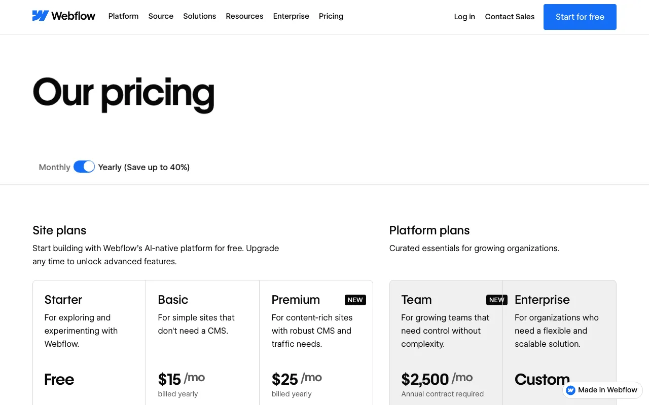 Webflow pricing page listing its site plans, starting with a free Starter plan