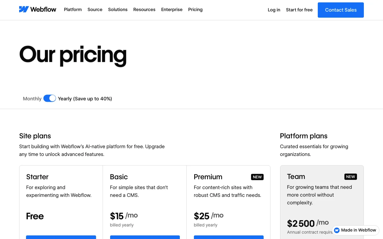 Page publique des offres de Webflow, de l'offre gratuite aux offres payantes