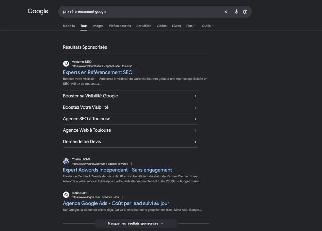 Résultats de Google pour la recherche « prix référencement google »