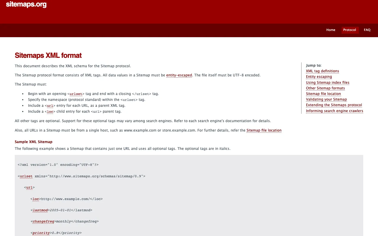 What is a sitemap: sitemaps.org protocol page showing the sample of a simple XML file