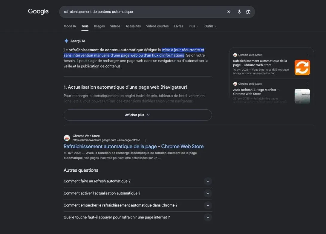 Résultats de Google pour la recherche « rafraîchissement de contenu automatique »