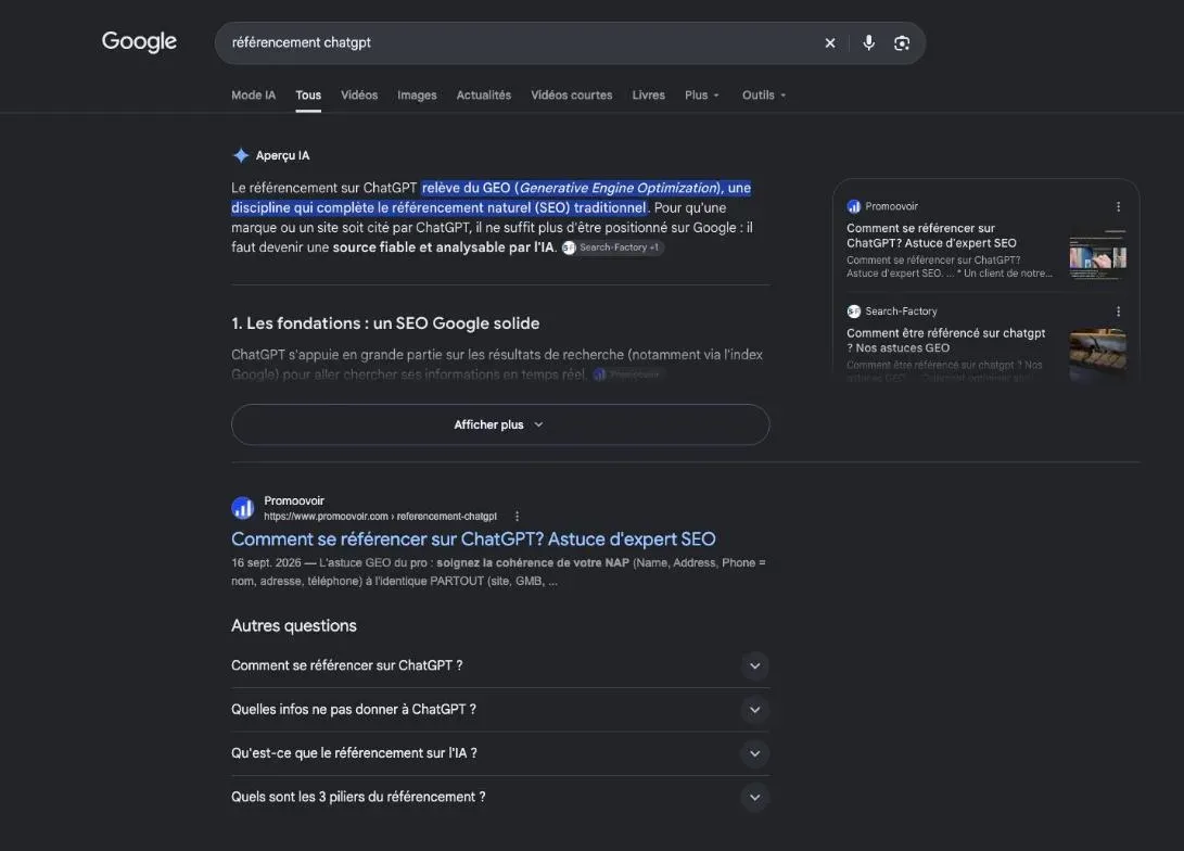 Résultats de Google pour la recherche « référencement chatgpt »
