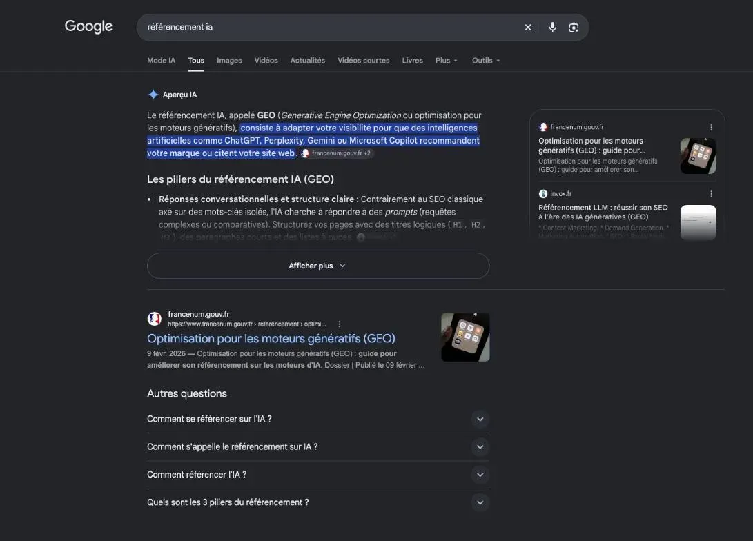 Résultats de Google pour la recherche « référencement ia »