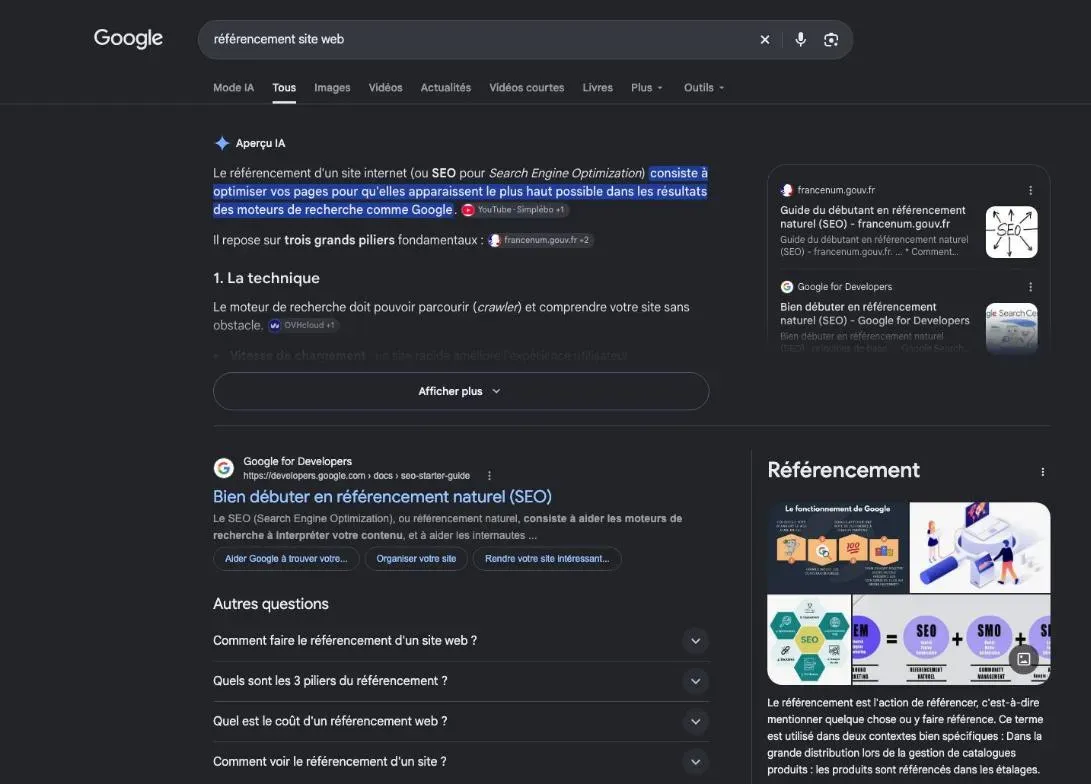 Résultats de Google pour la recherche « référencement site web »