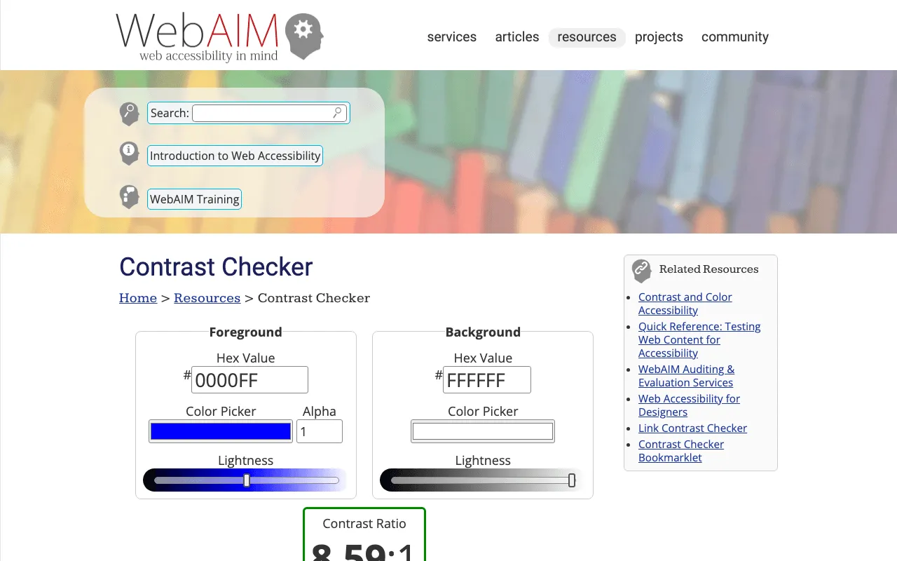 WebAIM contrast checker comparing a foreground and a background color against WCAG levels
