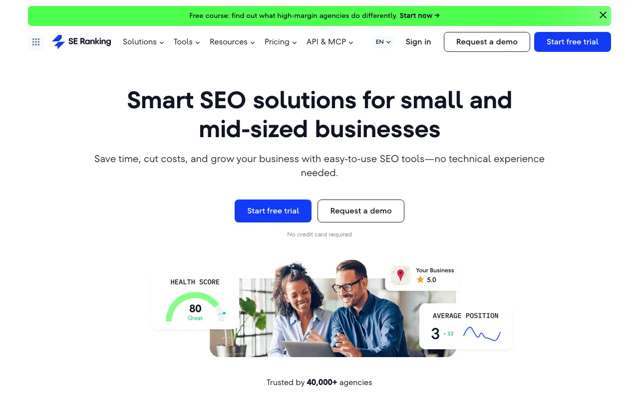 SE Ranking page for small businesses saying no technical experience is needed