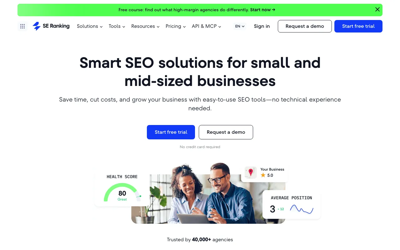 Page de SE Ranking dédiée aux petites entreprises, présentée comme simple à prendre en main