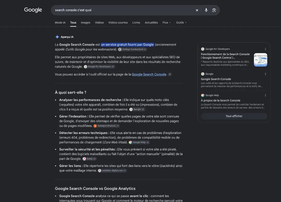 Résultats de Google pour la recherche « search console c'est quoi »