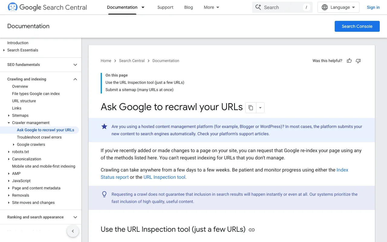 Google Search Central page explaining how to ask Google to recrawl your URLs