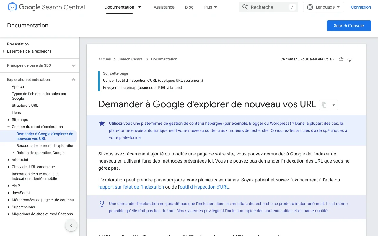 Page de Google Search Central qui explique comment demander une nouvelle exploration d’une page