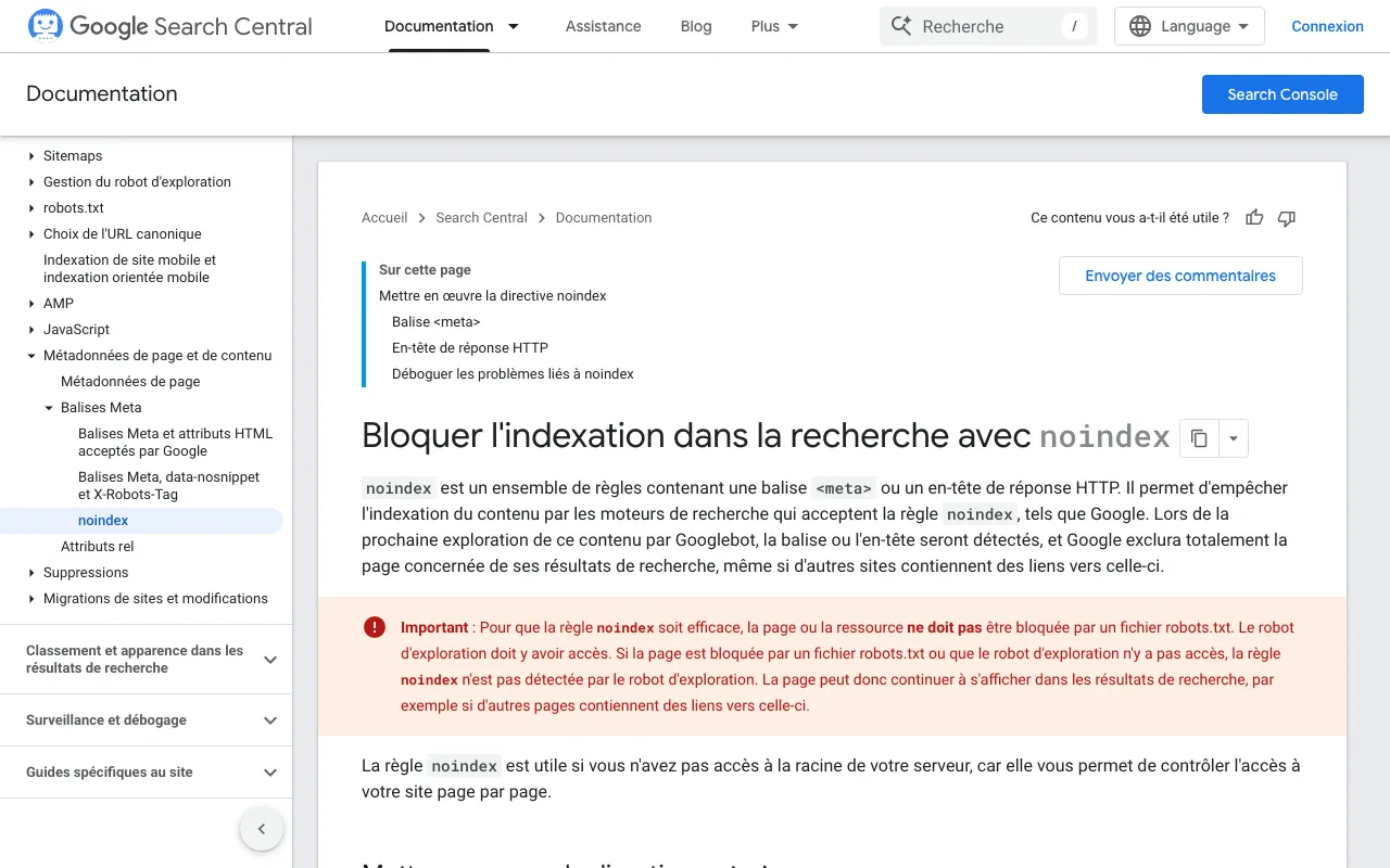 Page de Google Search Central qui explique comment bloquer l'indexation avec la règle noindex