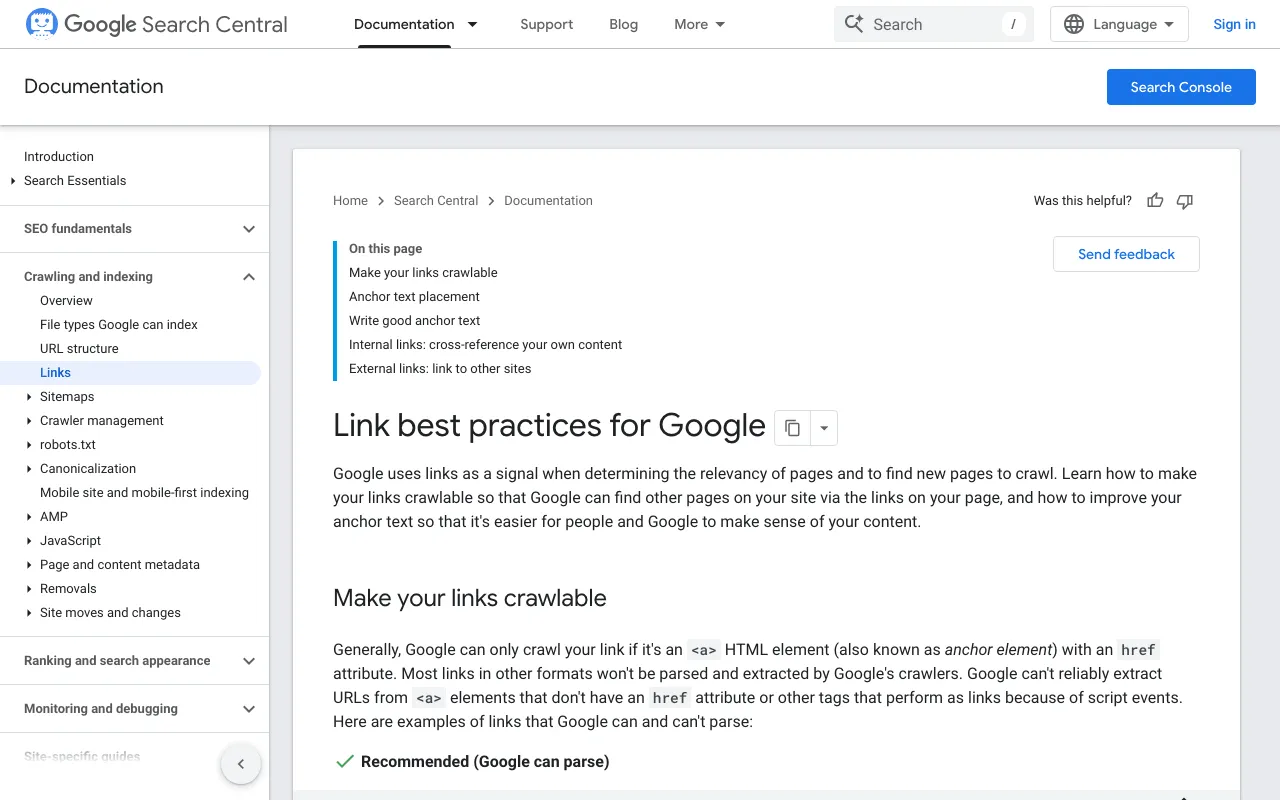 Google Search Central page showing good and bad examples of anchor text for links