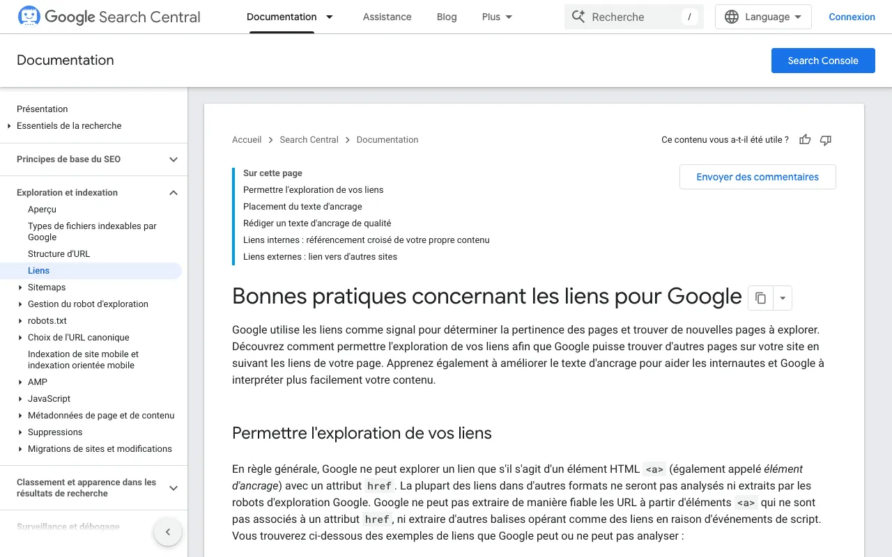 Page de Google Search Central qui donne des exemples de bons et de mauvais textes d'ancrage