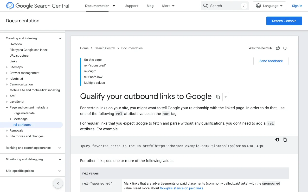 Google Search Central page explaining the sponsored, ugc and nofollow link attributes