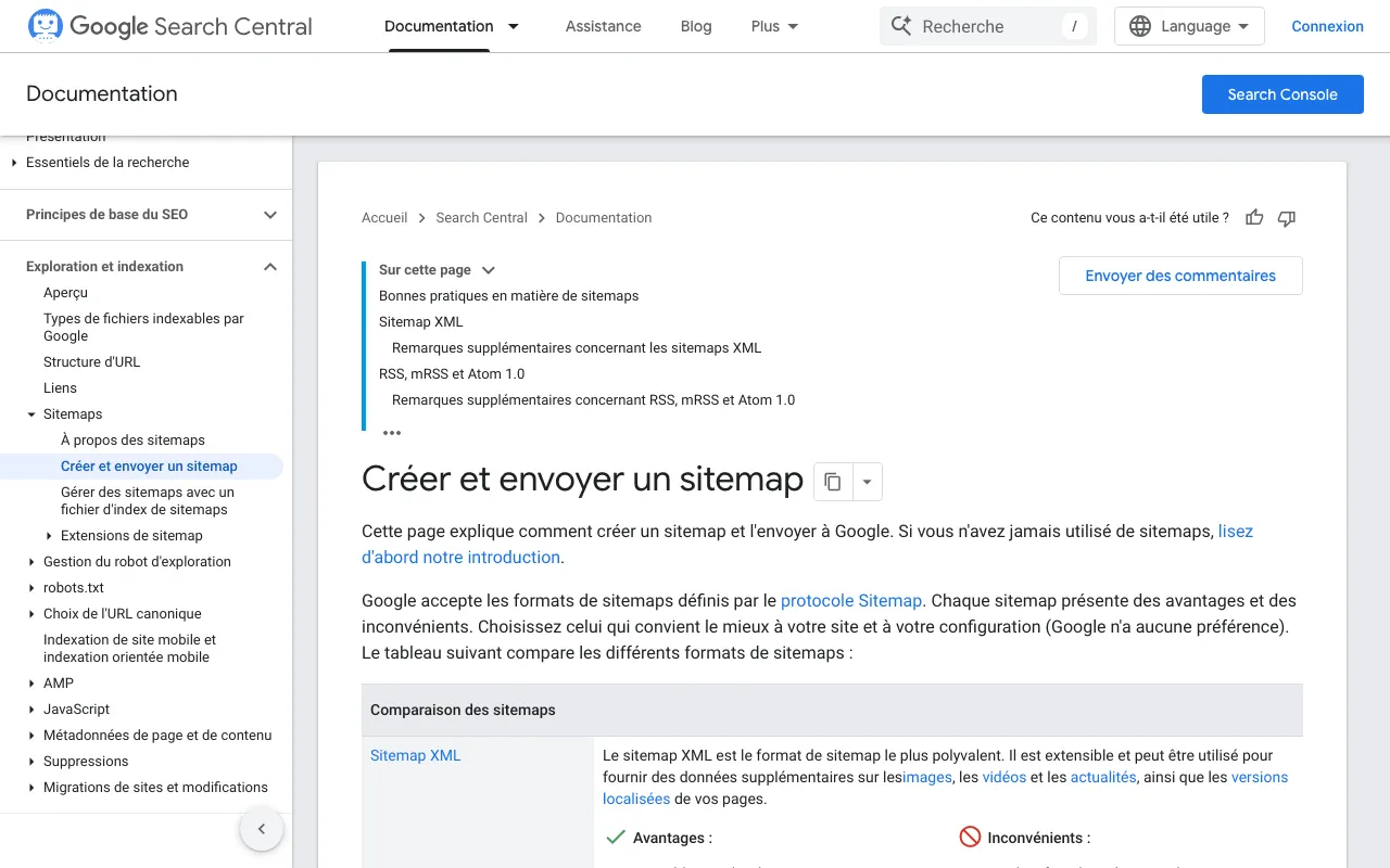 Page de Google Search Central qui explique comment créer et envoyer un sitemap