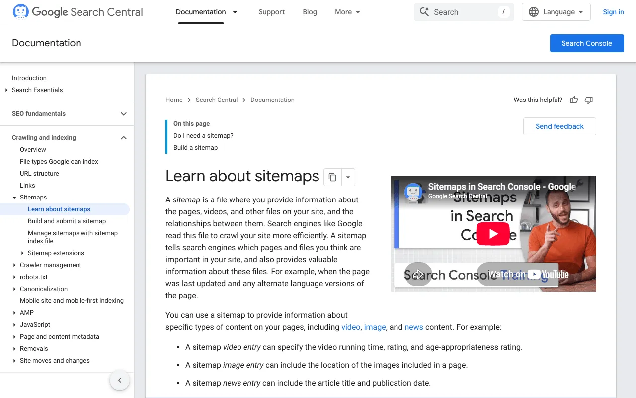 Google Search Central page explaining when a website might not need a sitemap