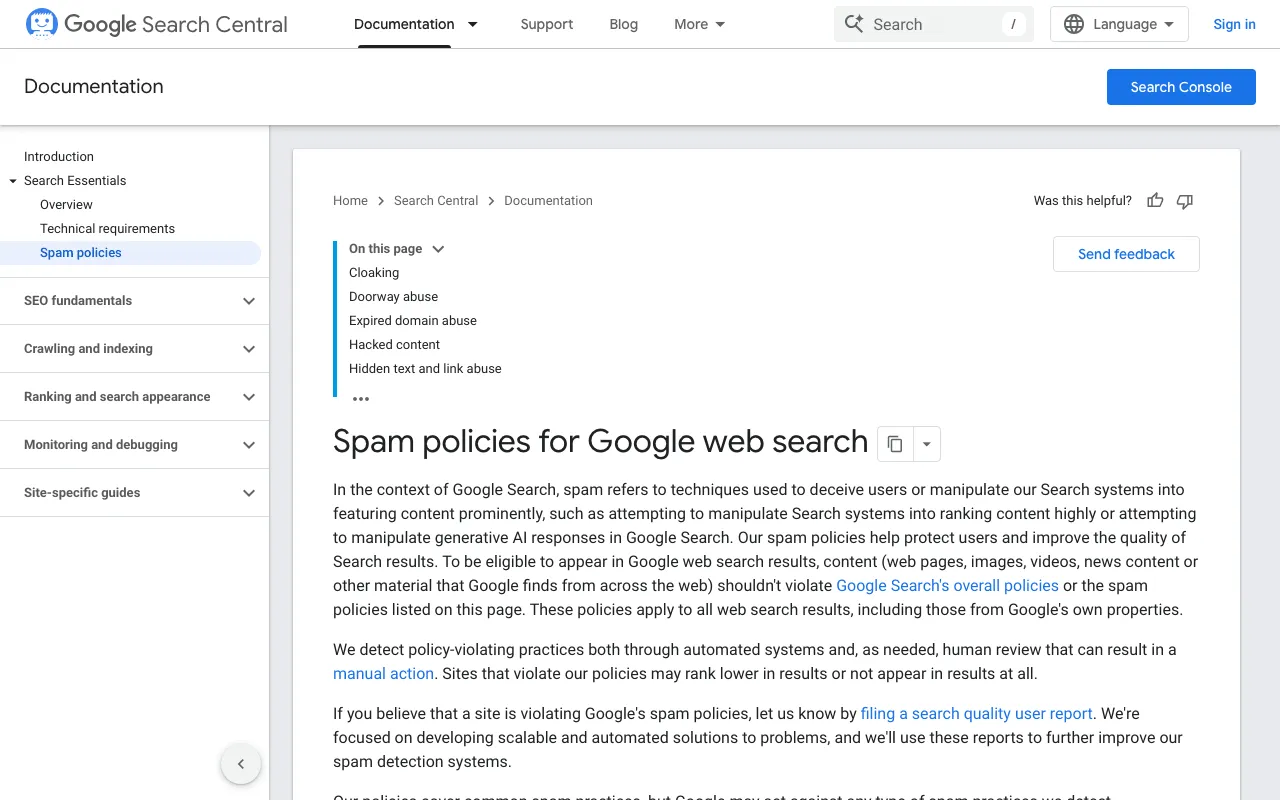 Google spam policies page, the rules any toxic backlink checker tries to apply