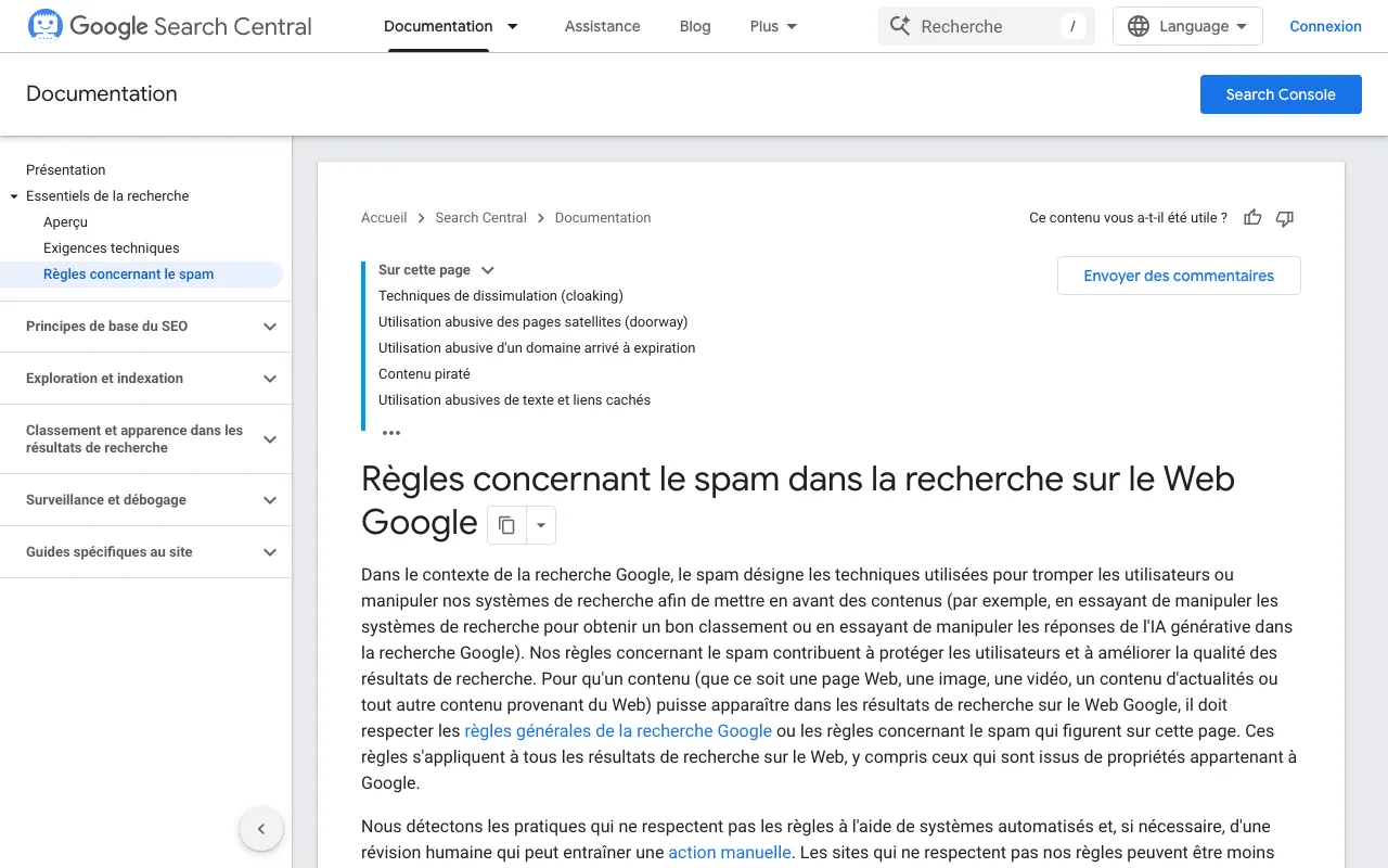 Page des règles de Google concernant le spam dans la recherche sur le Web