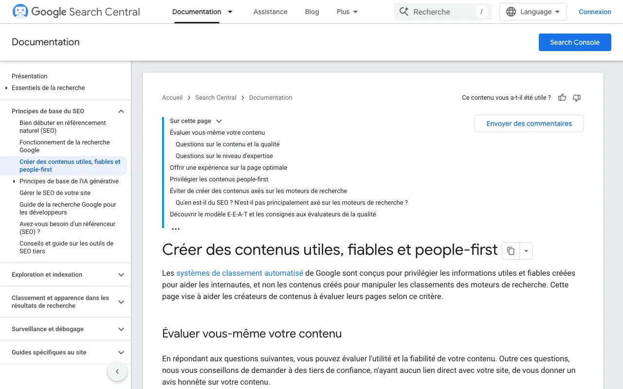 Page de Google Search Central sur la création de contenus utiles et fiables pour les internautes