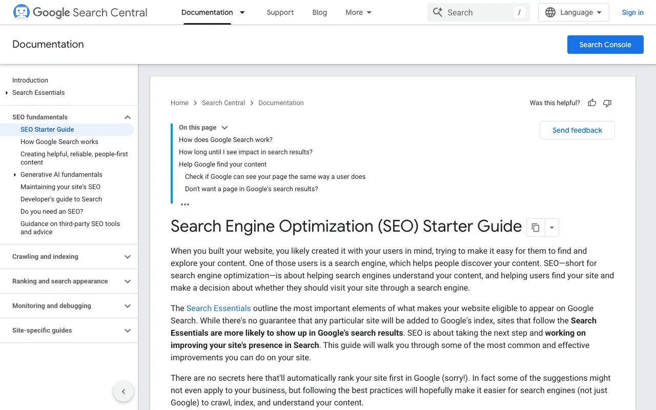 Website optimization: Google Search Central page of the SEO Starter Guide for site owners