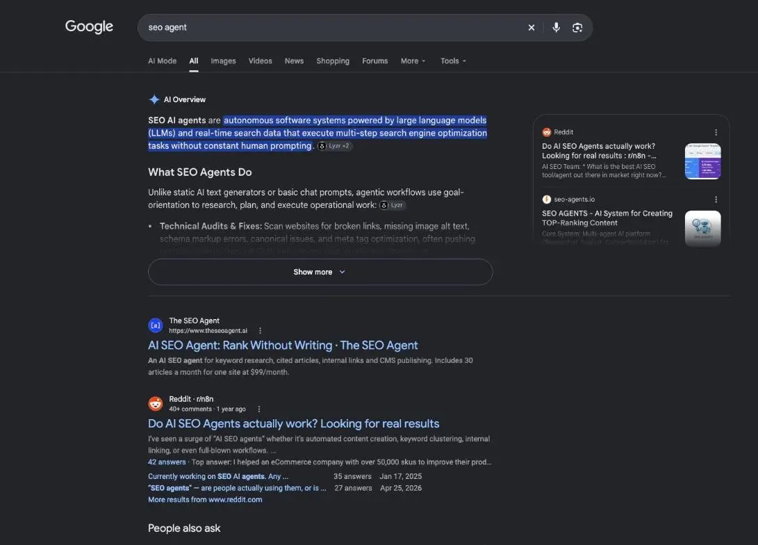 Google results for the search "seo agent"