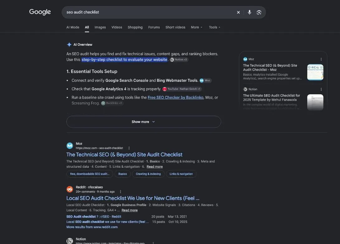First page of Google results for seo audit checklist, mostly long guides