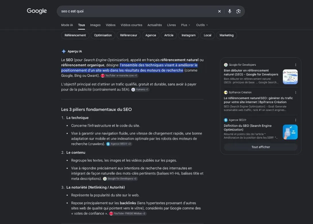 Résultats de Google pour la recherche « seo c est quoi »