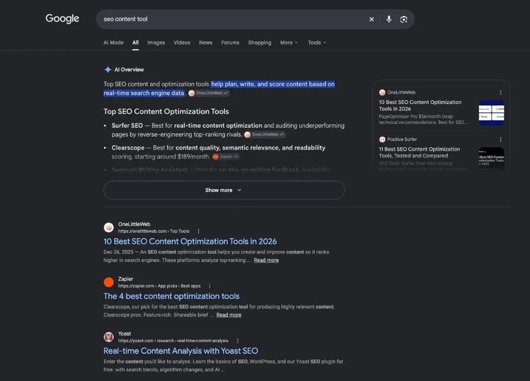 Google results for the search "seo content tool"