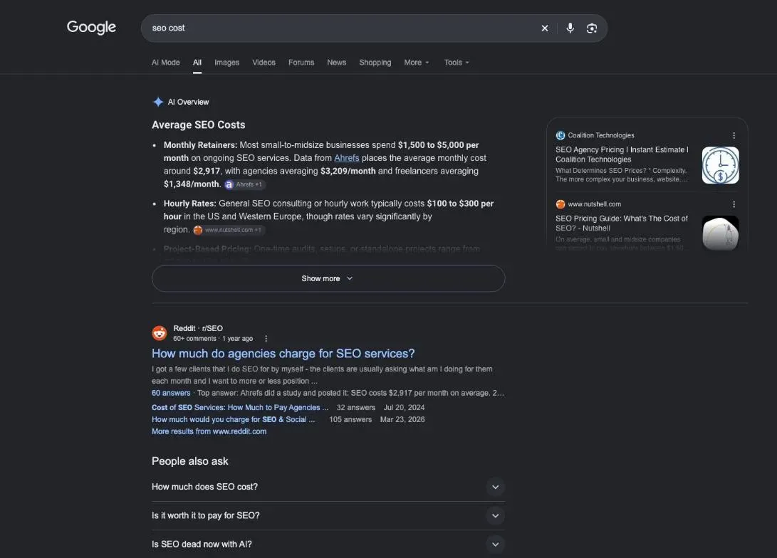 Google results for the search "seo cost"
