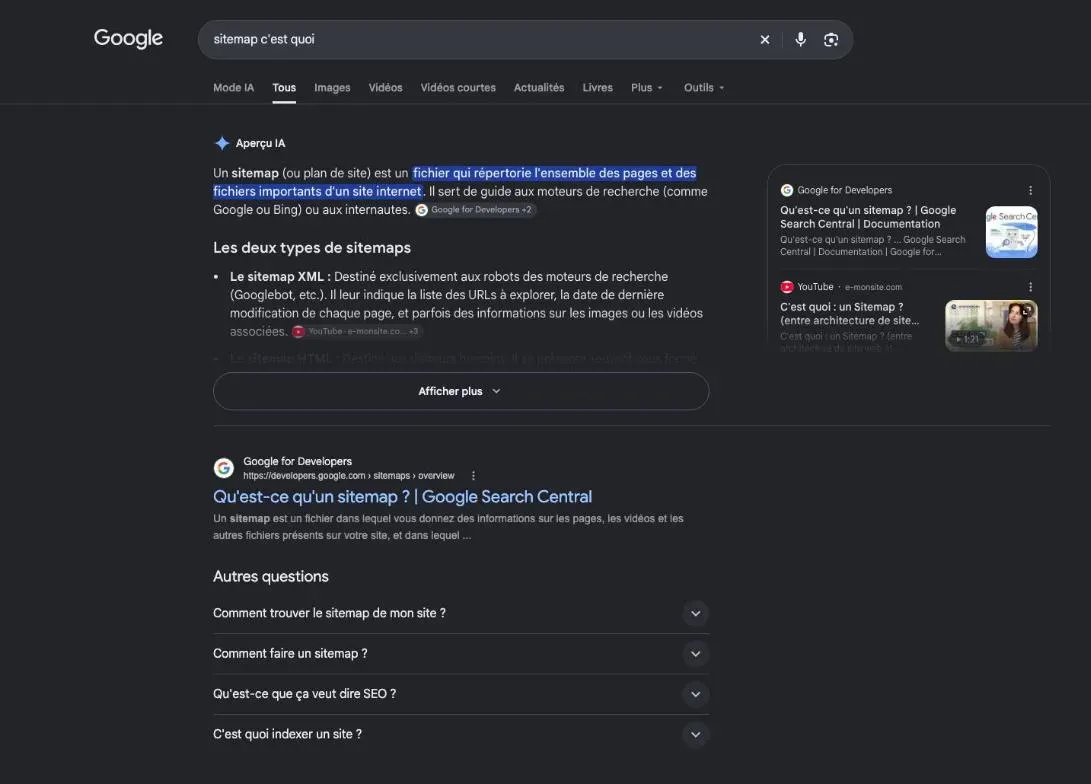 Résultats de Google pour la recherche « sitemap c'est quoi »