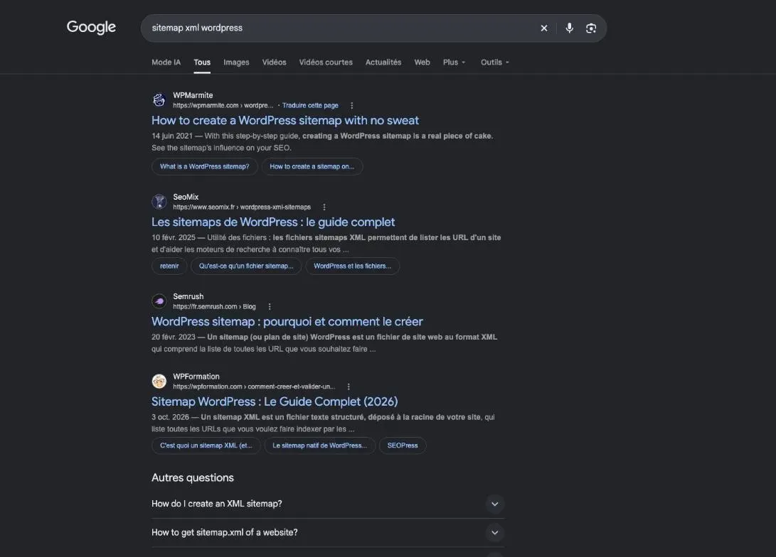 Résultats de Google pour la recherche « sitemap xml wordpress »