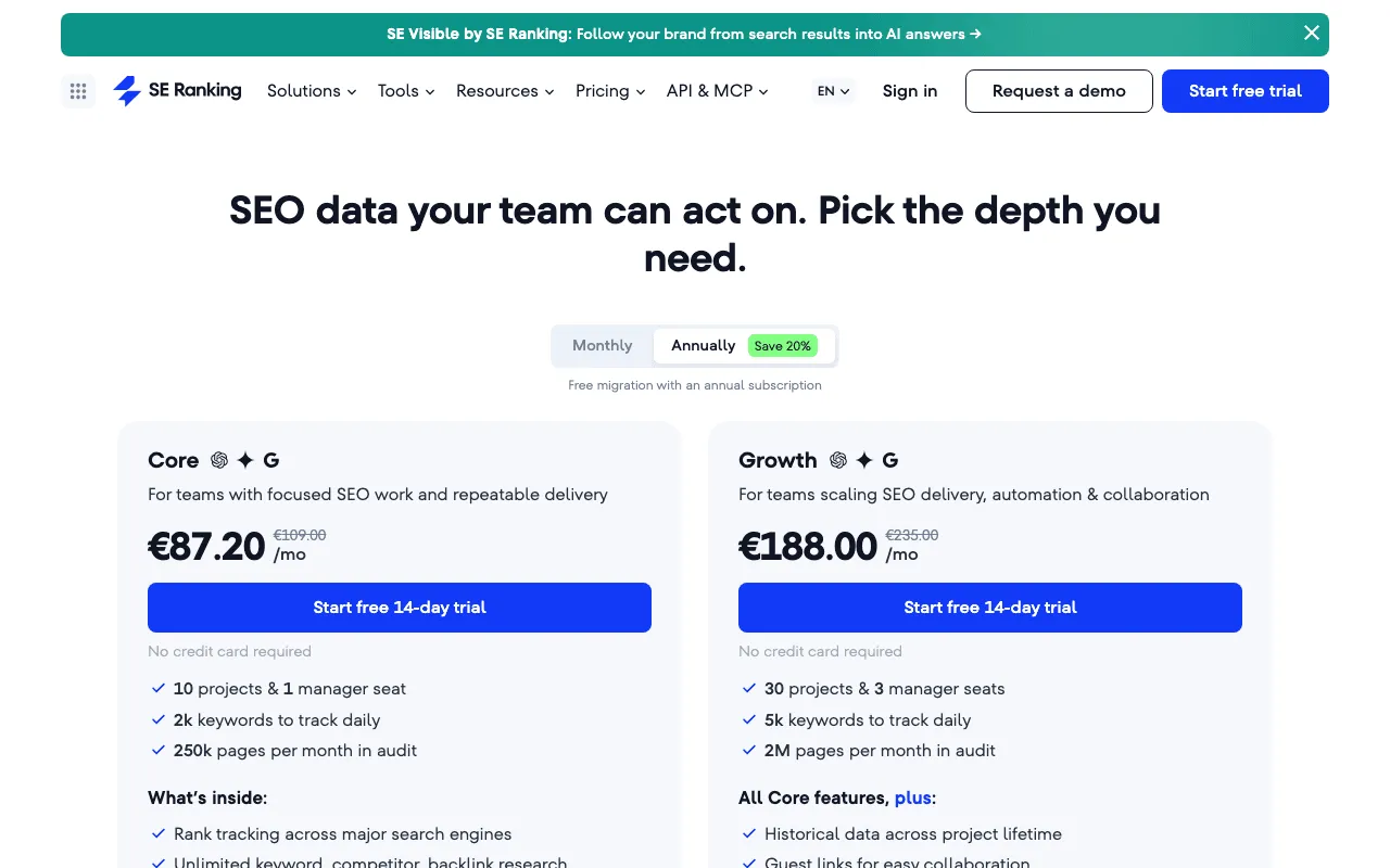 SE Ranking pricing page read from France with the Core and Growth plans in euros