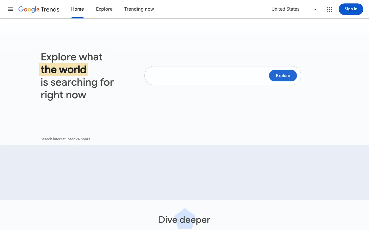 Google Trends home page with a search box to explore a topic over time