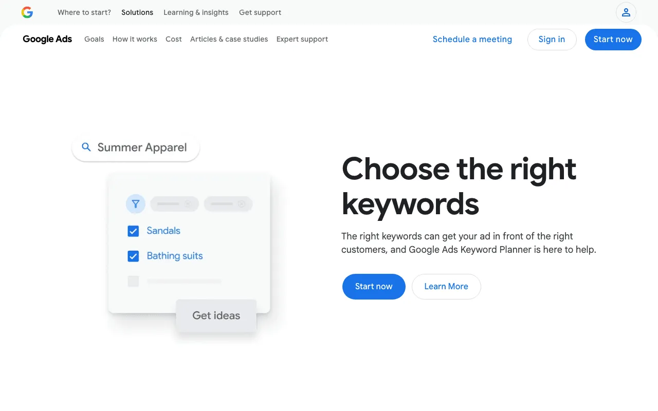 Google Ads Keyword Planner page with a Get ideas button for keyword suggestions