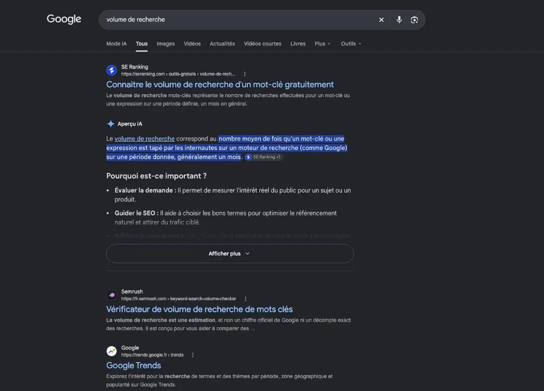 Résultats de Google pour la recherche « volume de recherche »
