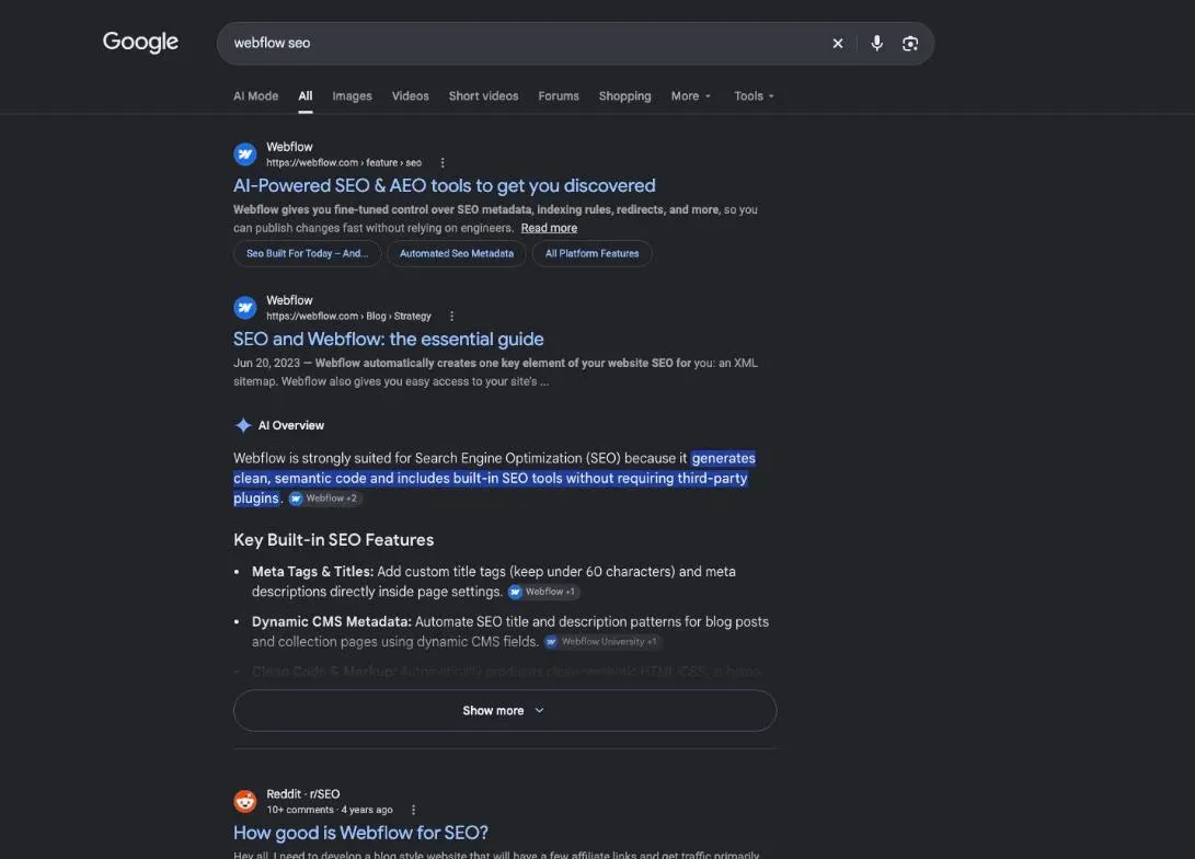 Google results for the search "webflow seo"