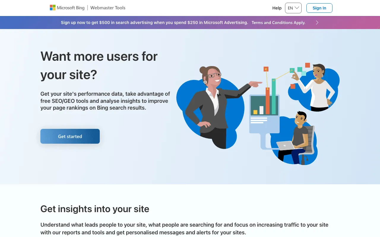 Page publique de Bing Webmaster Tools, l'équivalent de la Search Console chez Bing