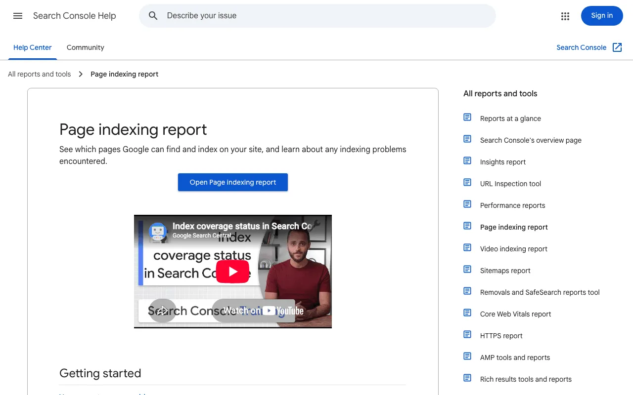 Search Console help page defining the statuses of the Page indexing report