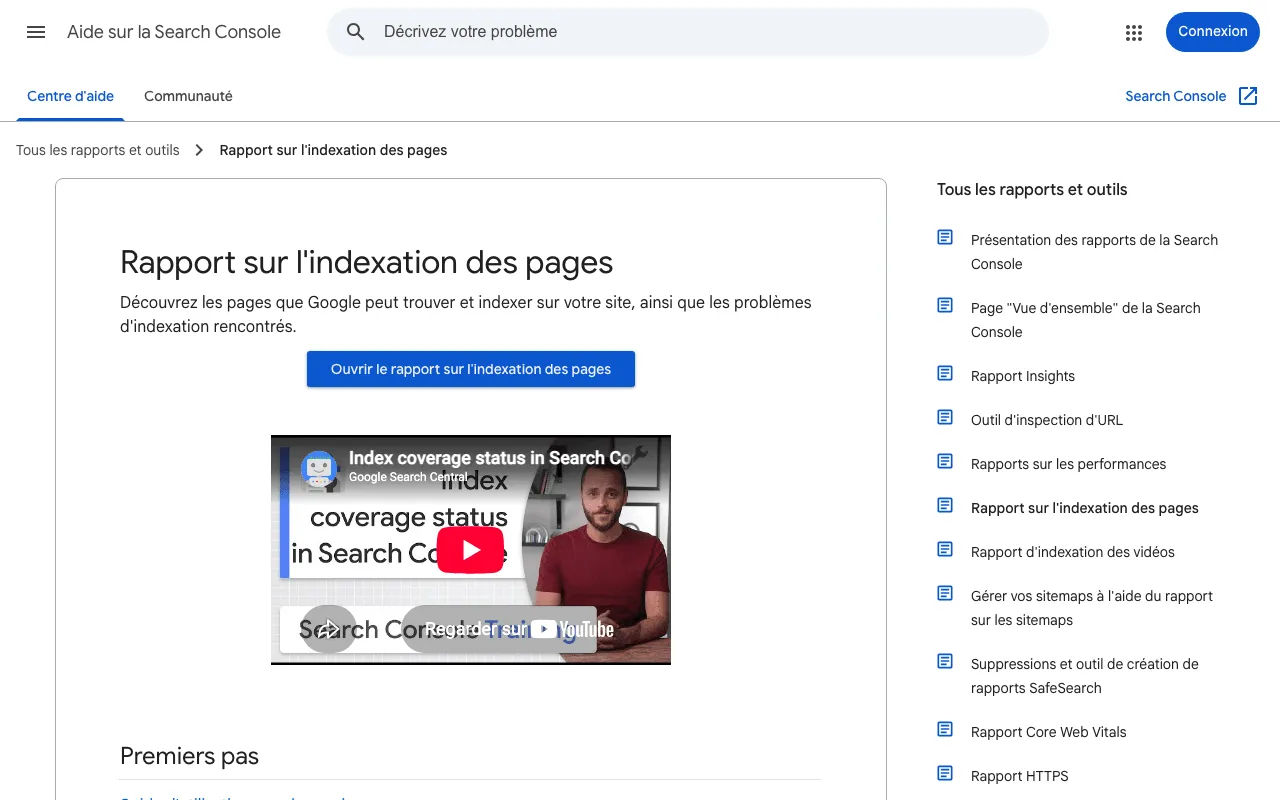 Page d'aide de la Search Console sur le rapport d'indexation des pages et ses statuts