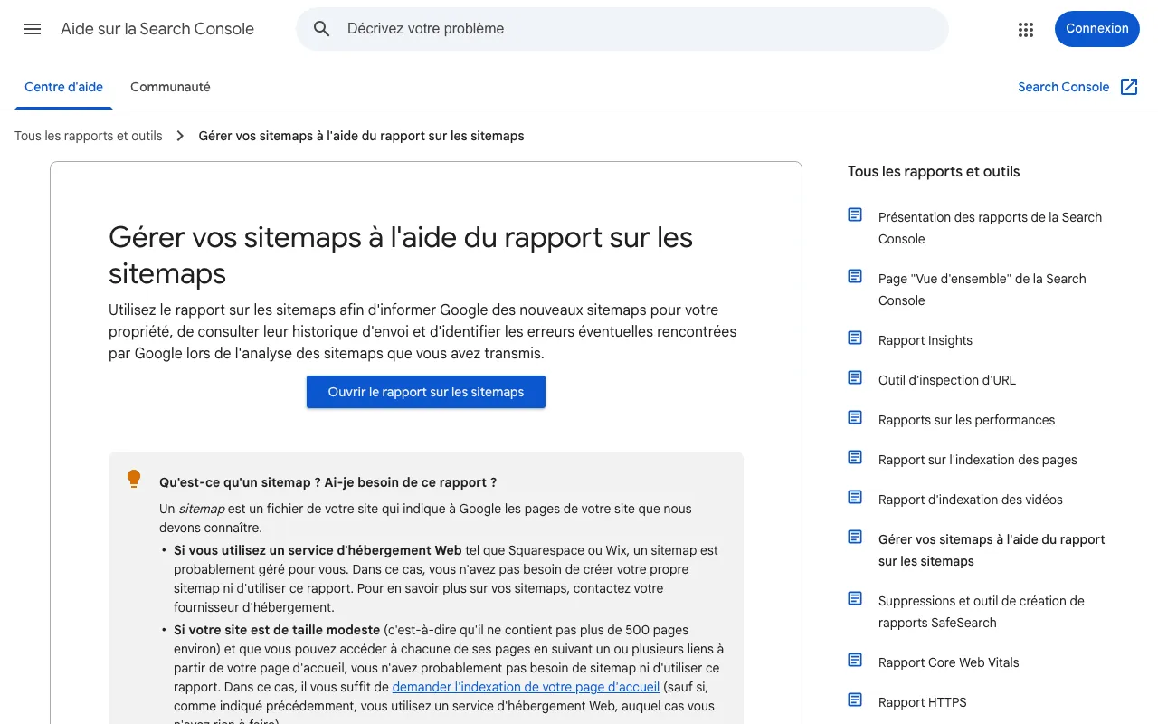 Page d'aide de la Search Console sur le rapport des sitemaps et leur envoi