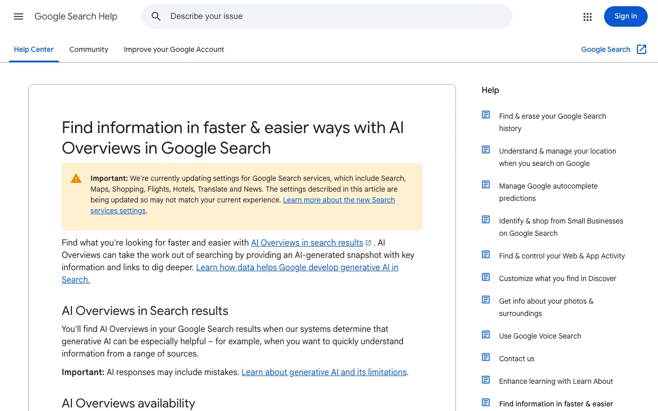 AI Overviews SEO: Google Search Help page explaining what AI Overviews are and how they show up