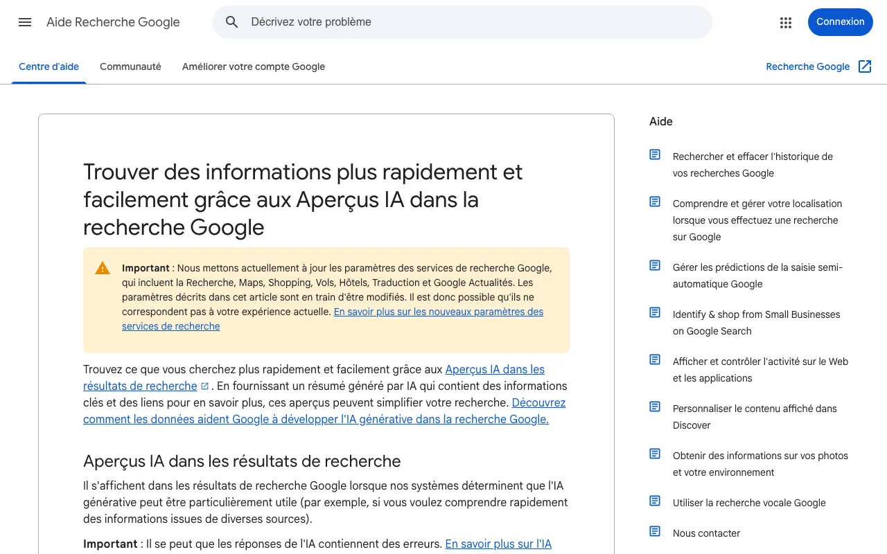 AI Overview : la page d’aide de Google qui présente les Aperçus IA dans les résultats de recherche