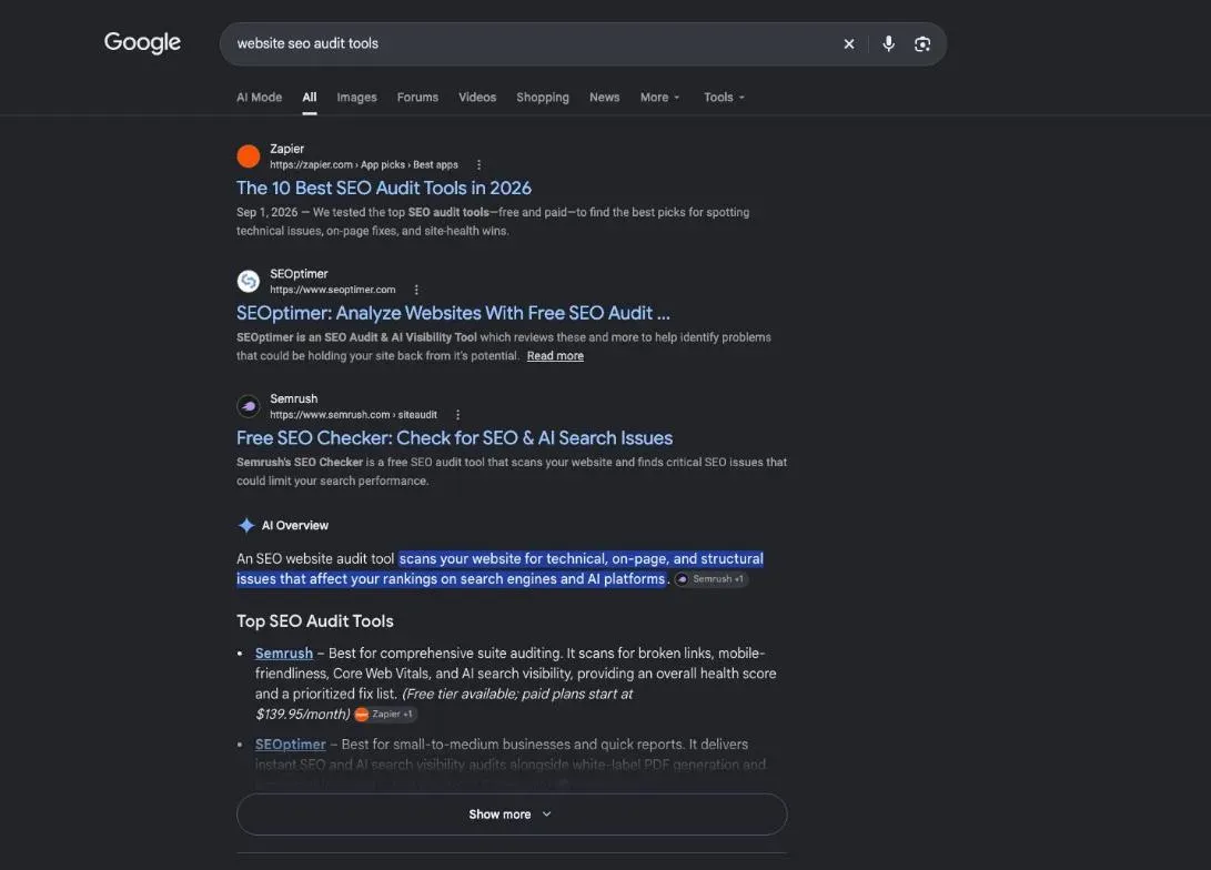 Google results for the search "website seo audit tools"