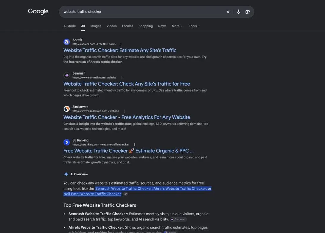 Google results for website traffic checker, mostly online tools that estimate a site's traffic