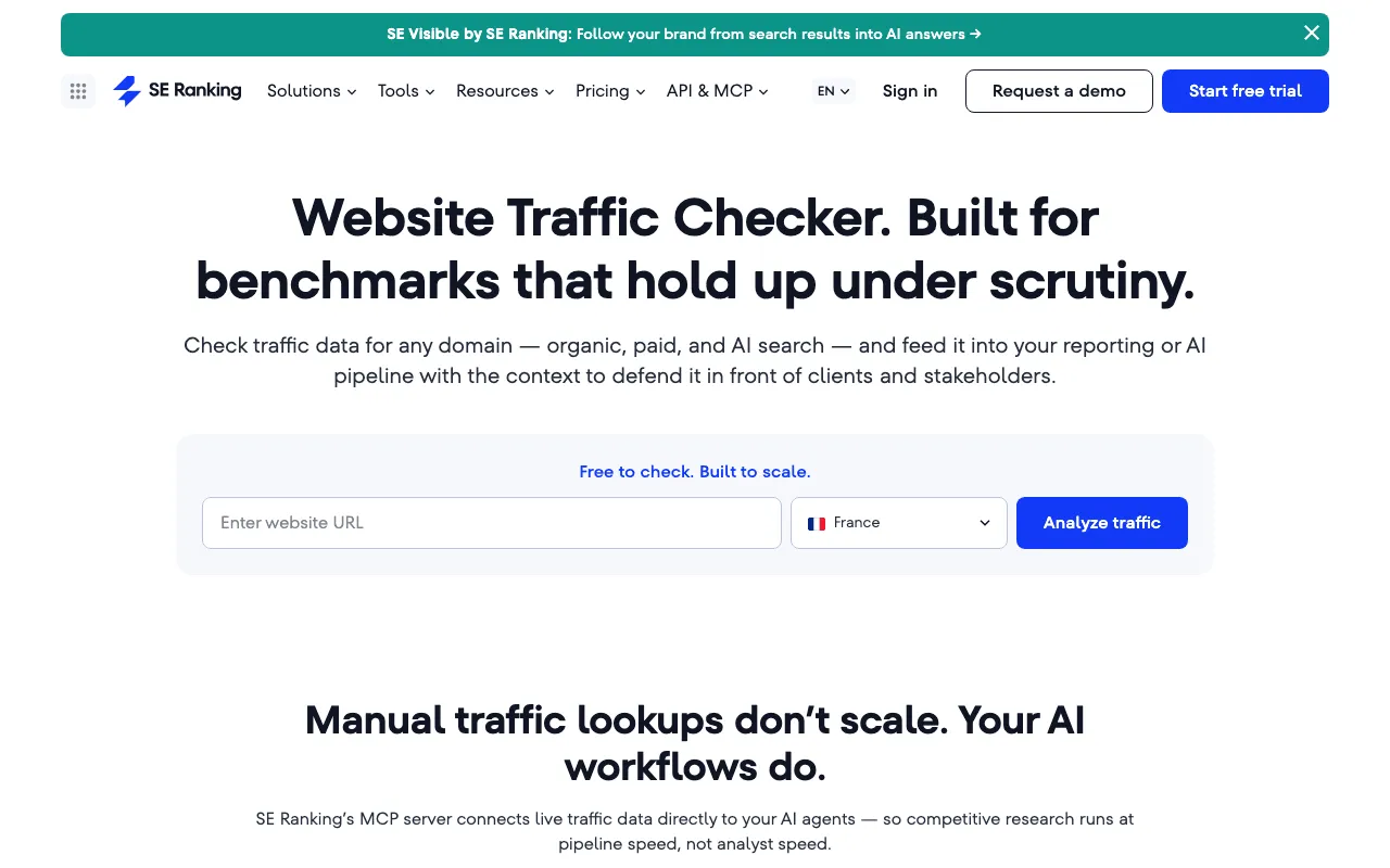 SE Ranking public page of its website traffic checker for organic and paid visitors