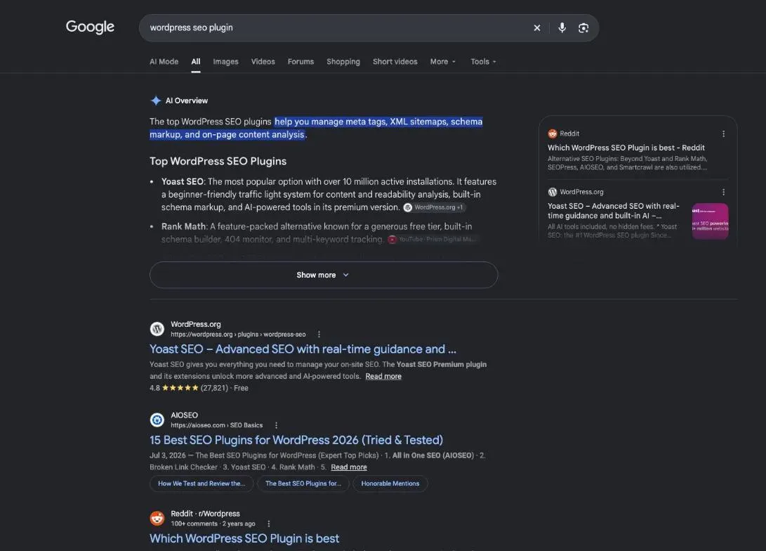 Google results for the search "wordpress seo plugin"